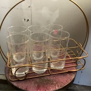 1950's Hollywood Regency Brass Caddy Barware Glass Set